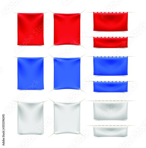 Set of High Quality Red Blue and White Textile Banners with Folds with Ropes on White Background . Isolated Vector Elements 