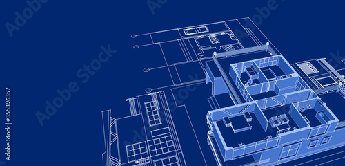  modern house plan sketch 3d illustration
