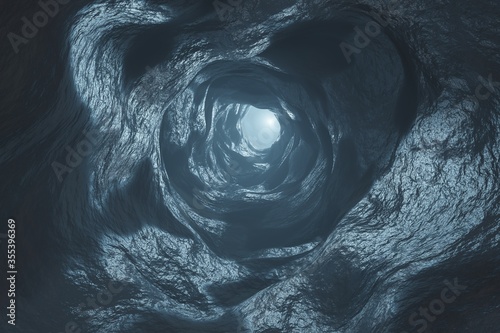 Fototapeta Naklejka Na Ścianę i Meble -  Sci-fi Dark Caves Underground tunnel atmosphere and dust Scary animation 3d rendering