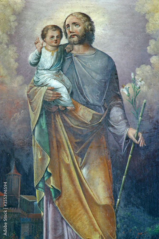 St. Joseph holds the baby Jesus, altar painting on the altar of St. Joseph in St. Vitus Church in Brdovec, Croatia