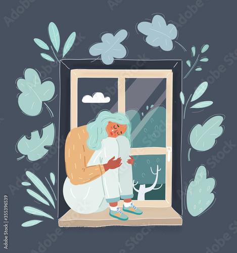 Young woman clutching at window sobbing after breakup with partner.
