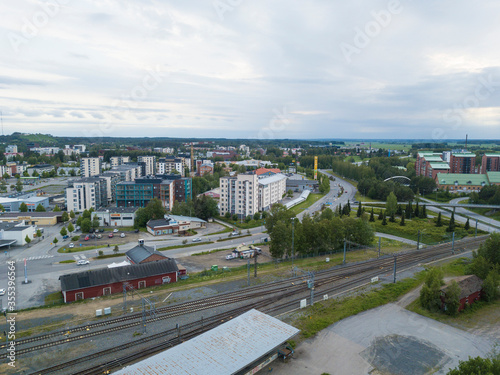 City of Seinäjoki in Finland. Aerial vies over train station and city center