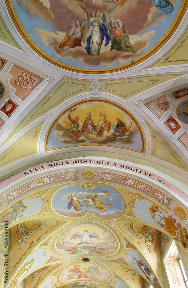 The frescoes on the ceiling in the Franciscan Church of the Annunciation of the Virgin Mary in Klanjec, Croatia