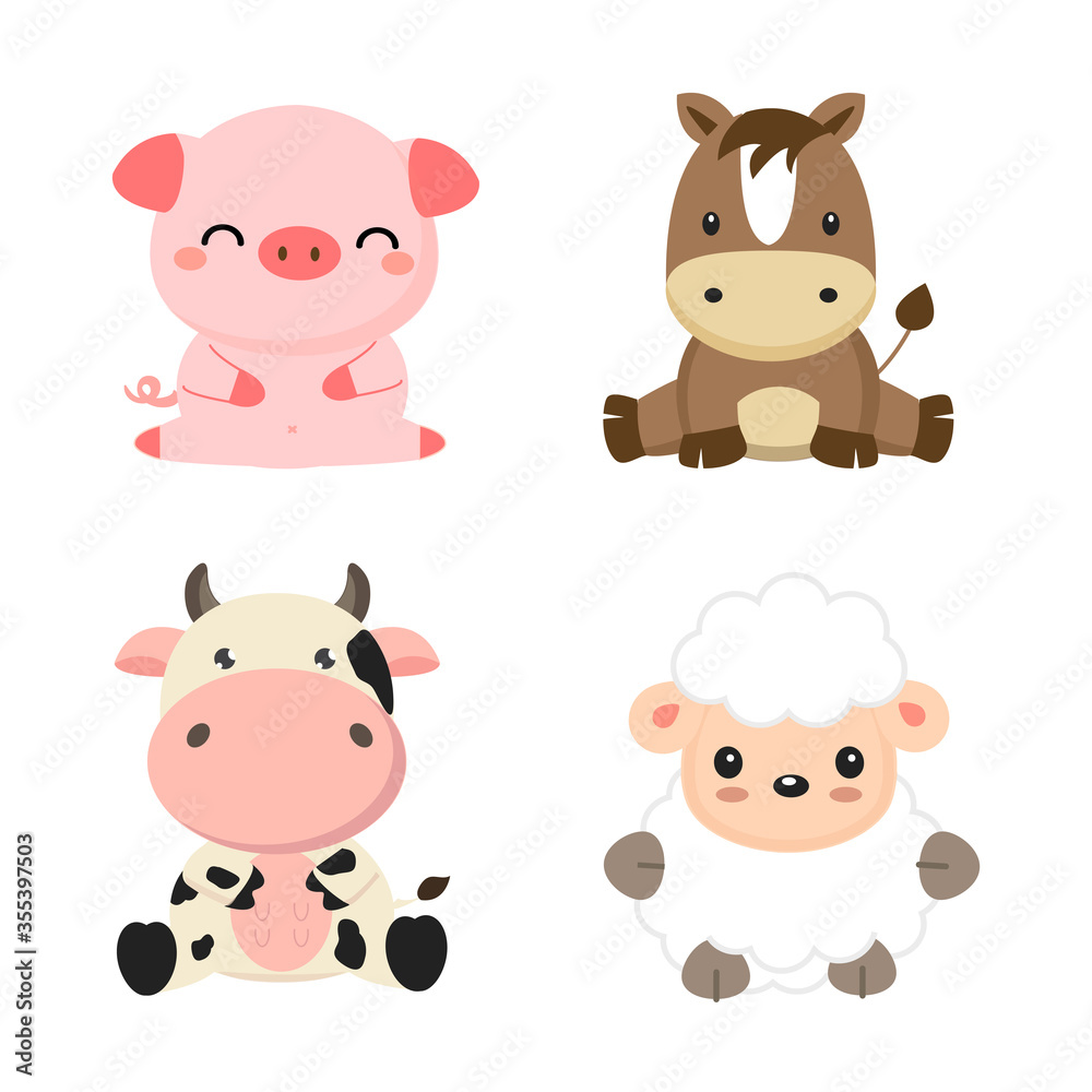 Cute farm animals cow, pig, sheep and horse. Vector illustration. Stock  Vector | Adobe Stock