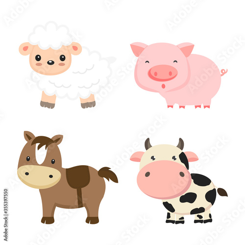 Fototapeta Naklejka Na Ścianę i Meble -  Cute farm animals cow, pig, sheep and horse. Vector illustration.