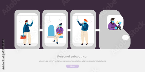 People in face masks and gloves in personal subway car vector flat illustration. New reality social distancing, quarantine, preventive measure concept. Keep distance and stay safe. Banner,poster.