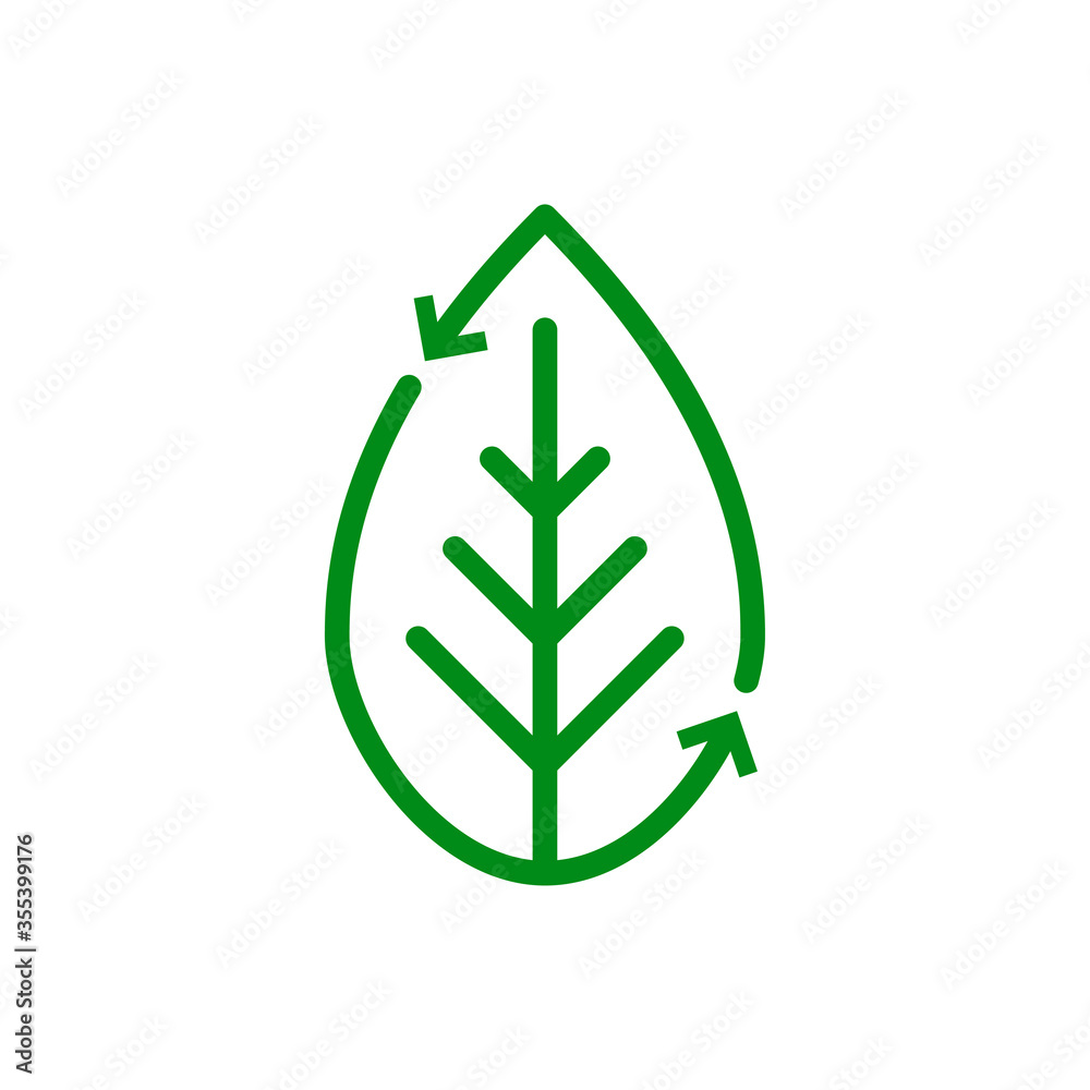 Símbolo de reciclado orgánico. Icono plano lineal hoja de planta con flechas girando en color verde
