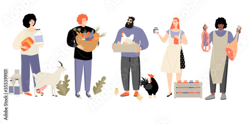 Set of vector illustrations of farmers producing healthy food with their products in their hands. Local production of milk, meat and vegetables.