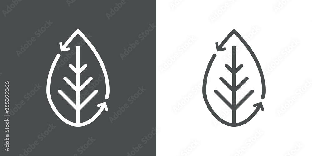 Símbolo de reciclado orgánico. Icono plano lineal hoja de planta con flechas girando en fondo gris y fondo blanco Símbolo de reciclado orgánico. Icono plano lineal hoja de planta con flechas girando en fondo gris y fondo blanco