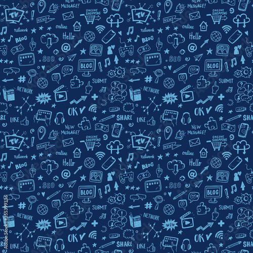Social media sketch vector seamless doodle pattern.
