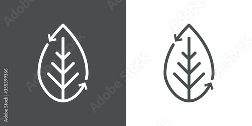 Símbolo de reciclado orgánico. Icono plano lineal hoja de planta con flechas girando en fondo gris y fondo blanco