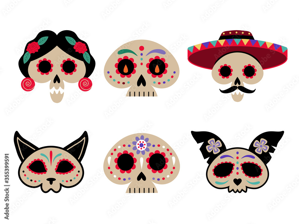 Mexican Day of Dead Decorated Skulls in Flat Mexican Day of Dead Decorated Skulls in Flat