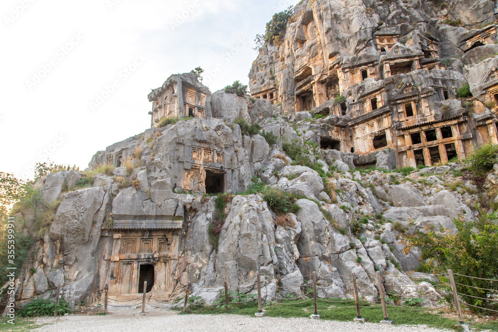  Lycian rock cut tombs in Myra in Turkey 