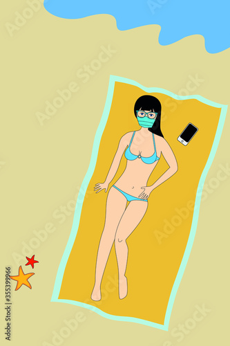 pretty girl lying on the beach  wearing facing medical mask