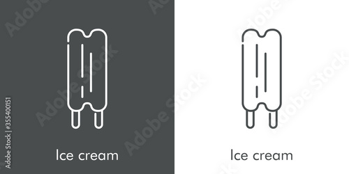 Símbolo helado doble con paleta de madera. Icono plano lineal con texto Ice cream en fondo gris y fondo blanco