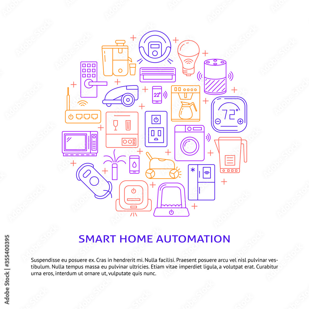 Smart home automation round banner template in line style