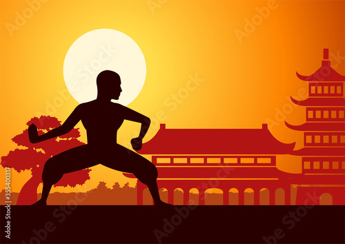 Chinese Boxing Kung Fu martial art famous sport,monk Train to fight,around with China landmarks,sunset silhouette design