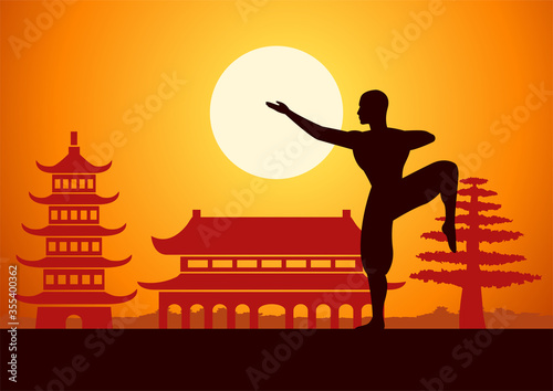 Chinese Boxing Kung Fu martial art famous sport,monk Train to fight,around with China landmarks,sunset silhouette design