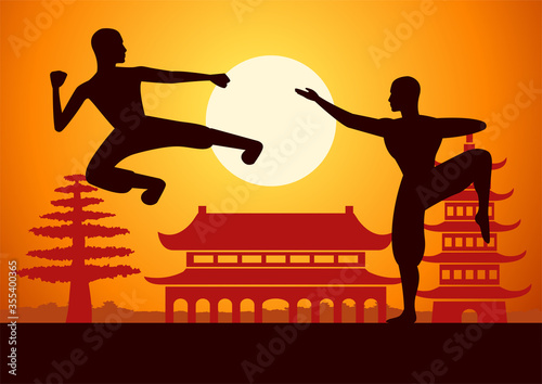 Chinese Boxing Kung Fu martial art famous sport,two boxer fight together around with china landmarks,sunset silhouette design