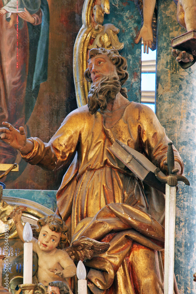St Paul's statue on the main altar in the Church of the Assumption of the Virgin Mary in Taborsko, Croatia