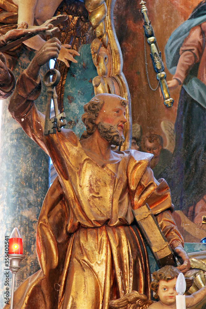 St. Peter's statue on the main altar in the Church of the Assumption of the Virgin Mary in Taborsko, Croatia
