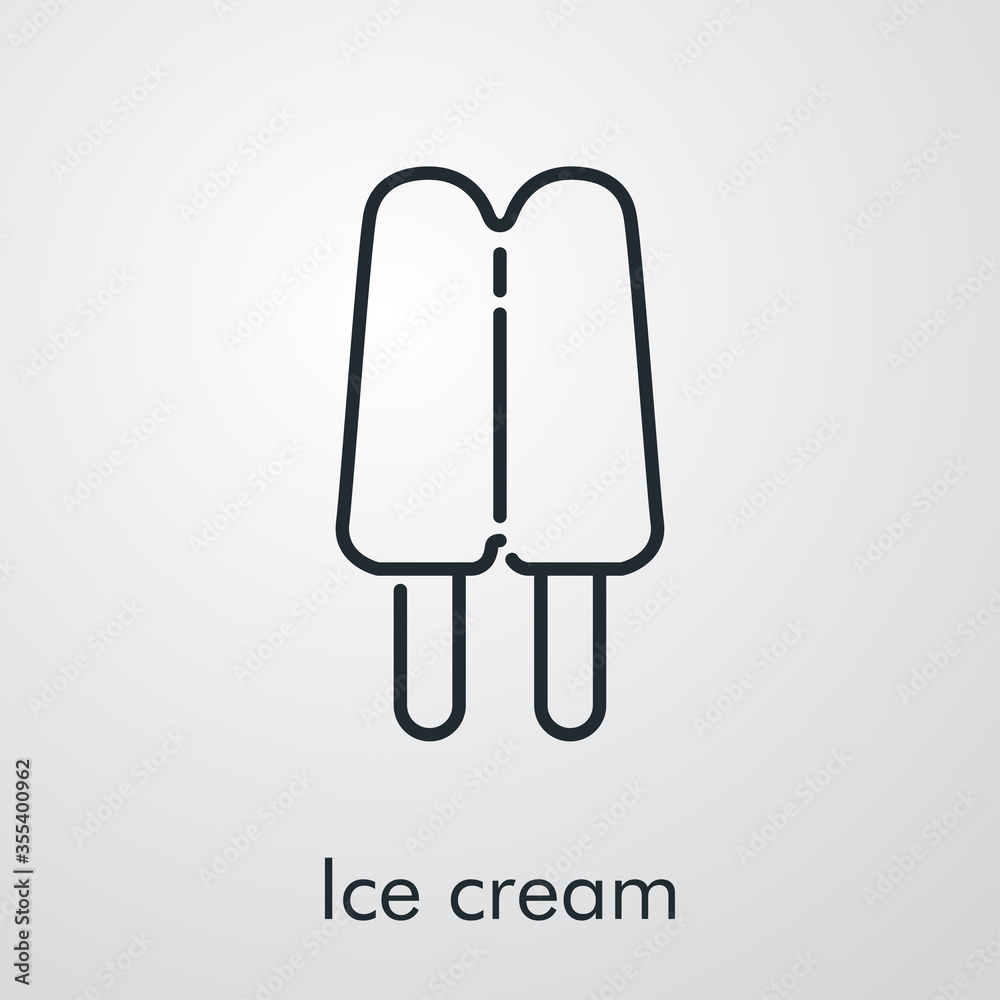 Símbolo helado doble con paleta de madera. Icono plano lineal con texto Ice cream en fondo gris Símbolo helado doble con paleta de madera. Icono plano lineal con texto Ice cream en fondo gris