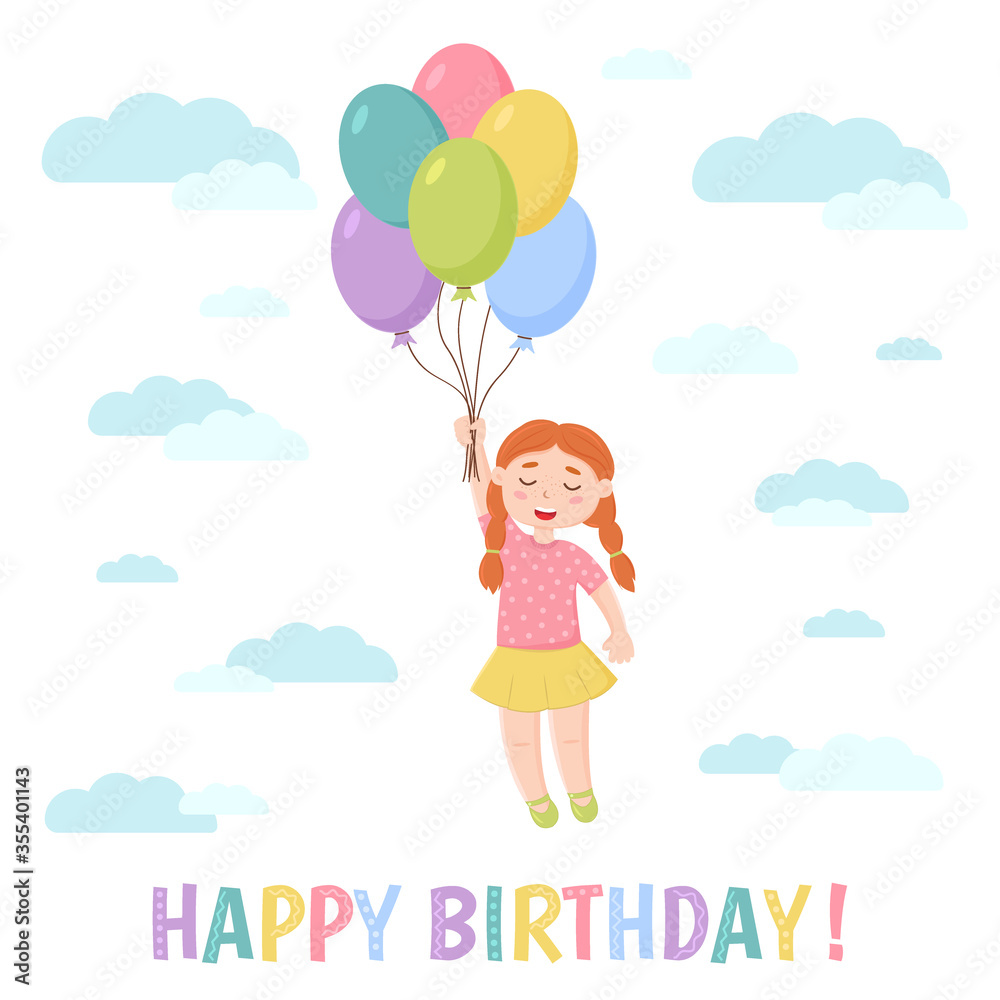 Birthday greeting card. A girl is flying in the sky on balloons. Cartoon style. Vector illustration. Birthday greeting card. A girl is flying in the sky on balloons. Cartoon style. Vector illustration.