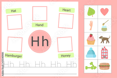 Alphabet tracing worksheet for preschool and kindergarten. Practice writing letter H. Exercises with cards for kids. Vector illustration