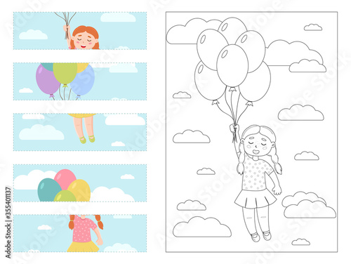Puzzle game for children. A girl holds balloons. Cut out the details and assemble the picture. Coloring page. Vector.