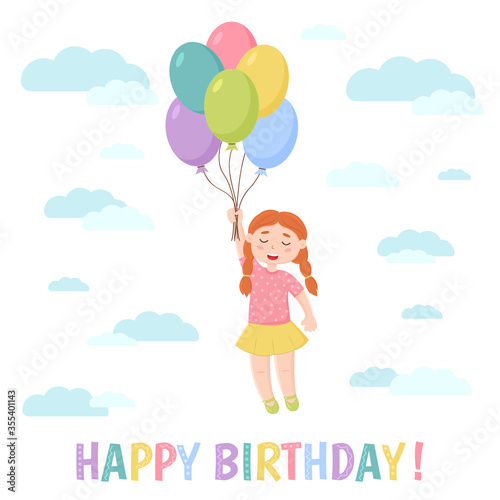 Birthday greeting card. A girl is flying in the sky on balloons. Cartoon style. Vector illustration.