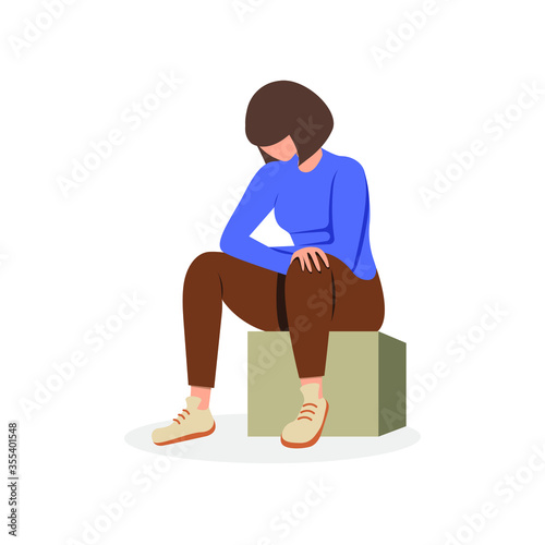 The girl sits in a bent pose, head down, experiencing negative emotions, sadness, resentment, wondering. Vector illustration, flat cartoon design.