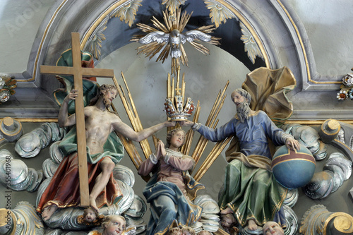 Coronation of the Virgin Mary statue on the main altar at St. Catherine of Alexandria Church in Samarica, Croatia