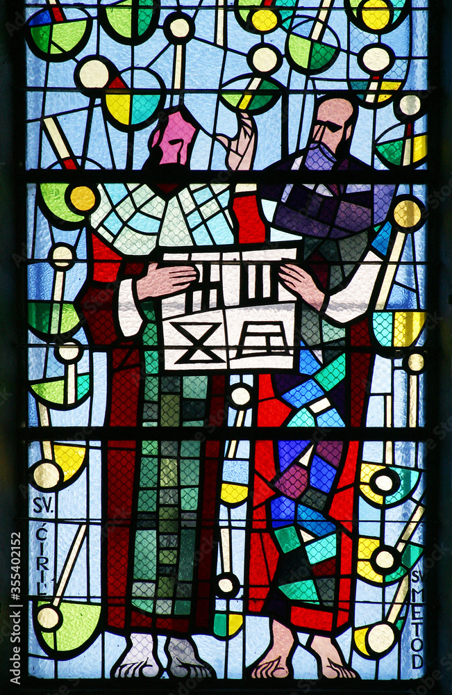 St. Cyril and Methodius, a stained glass window at St. Blaise's Church in Dubrovnik, Croatia