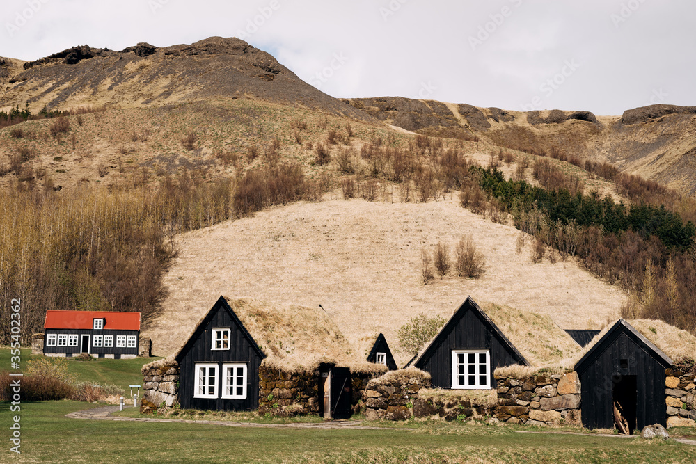 Ancient black wooden houses with a bourse on the roof, against the backdrop of the forest and mountains in Iceland.