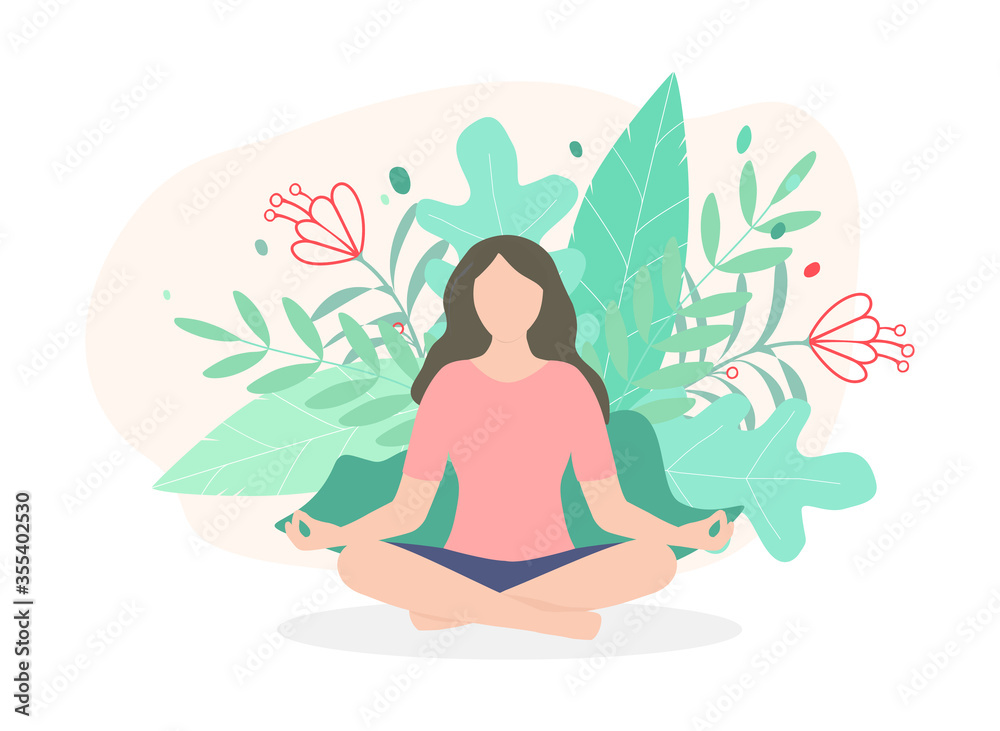 Woman meditating in nature leaves.  Activity in door for yoga, meditation, relax, recreation and healthy concept. Flat style vector illustration