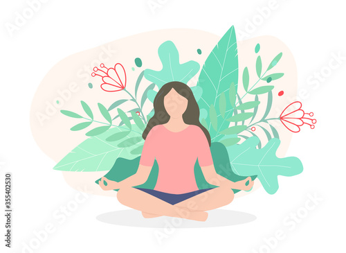 Woman meditating in nature leaves.  Activity in door for yoga  meditation  relax  recreation and healthy concept. Flat style vector illustration