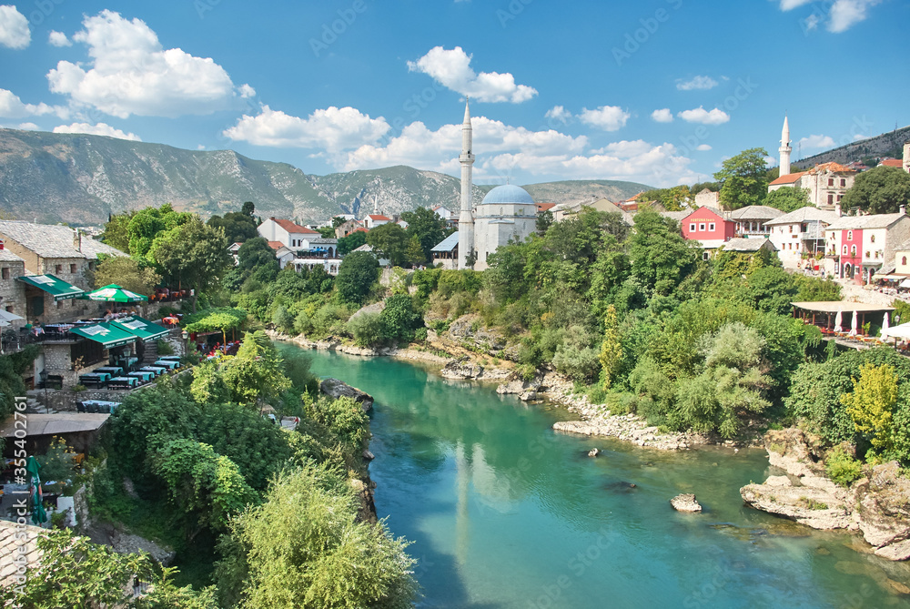View of the Naretva river and mosque in Mostar, Croatia