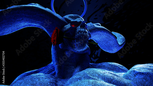 3D composite illustration of Kronos. A man with a skull head, with two horns. 3D rendering. Skull Art
