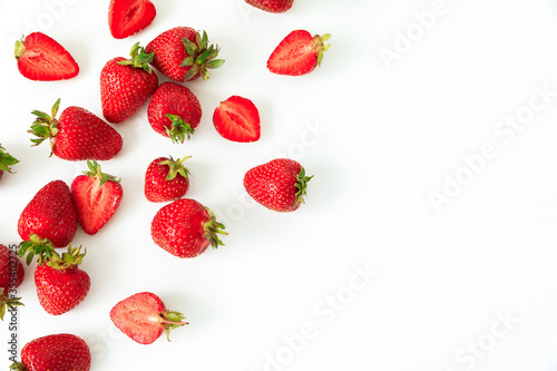 Strawberry isolated on white background. Flat lay. Top view. Summer sweet summer berries