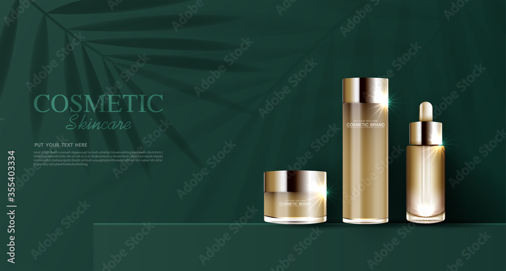 Fototapeta premium Hydrating facial skincare for annual sale or festival sale. brown cream mask bottle isolated on glitter particles background for product presentation. Graceful cosmetic ads, Vector illustration