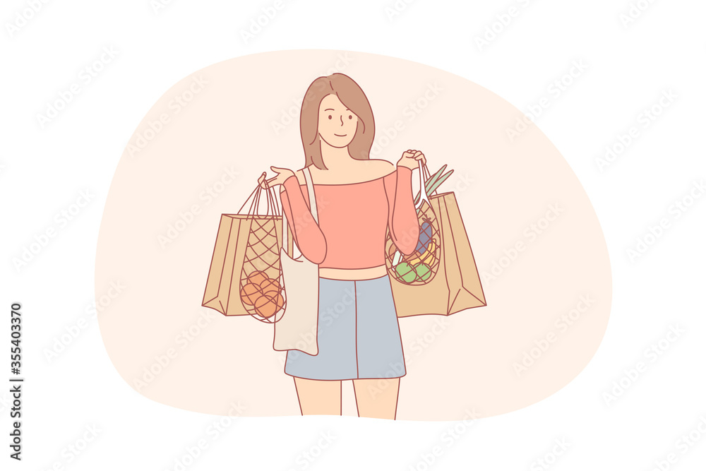 Recycling, shopping, ecology, food, zer waste concept. Young woman or girl cartoon character standing ecological bags with foodstuff. Care about environment eco friendly sorting garbage and recycling.