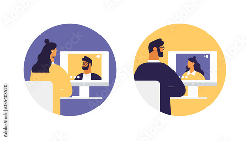 Young man and woman meeting online video chat. People and photos on desktop screens. Vector icons in circles. Illustration in flat design, isolated on white