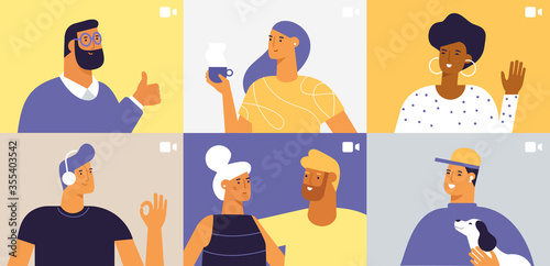 Web windows with different people chatting by videoconference. Smiling men and women work and communicate remotely. Freelance work and team meeting online. Vector illustration in flat design