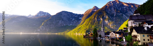 Wallpaper Mural Panorama view of Landscape view Famous Hallstatt mountain village and alpine lake, Austrian Alps Torontodigital.ca
