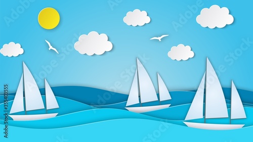 Sailboat in the sea. Sun  clouds. Paper cut illustration for advertising  travel  tourism  cruises  travel agency Vector illustration