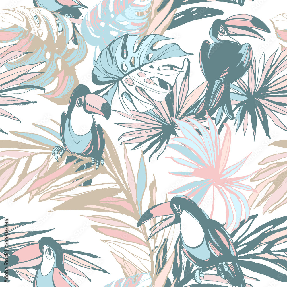 Seamless pattern ink Hand drawn sketch Tropical palm leaves toucan. Seamless pattern ink Hand drawn sketch Tropical palm leaves toucan.