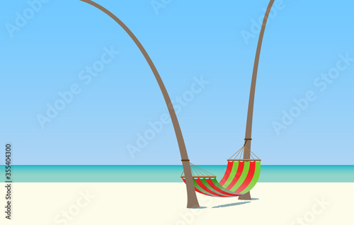 Background with a striped hammock suspended between two trunks on a sunny beach