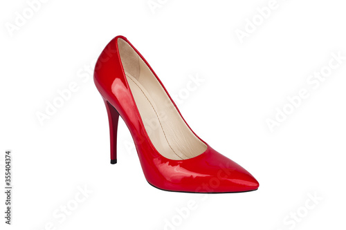 Luxury Red Leather High Heel Womens Shoe Isolated on White Background