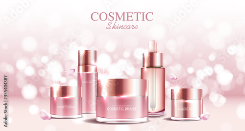 Hydrating facial rose skincare for annual sale or festival sale. silver cream mask bottle isolated on glitter particles background for product presentation. Graceful cosmetic ads, Vector illustration.