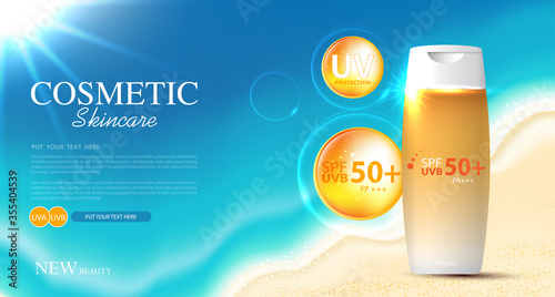 Hydrating facial sunscreen for annual sale or festival sale. orange cream mask bottle isolated on glitter particles background for product presentation. Graceful cosmetic ads, Vector illustration